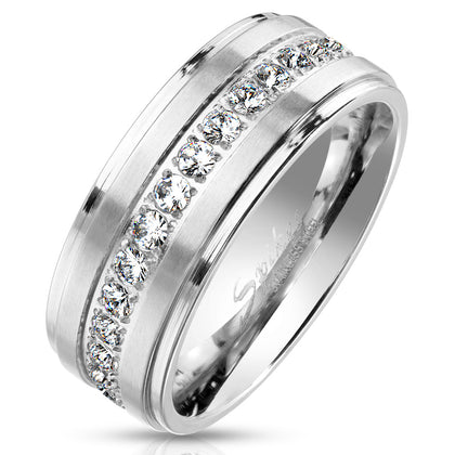 Stainless Steel Stepped Edges with Brushed Finish CZ Paved Center Ring
