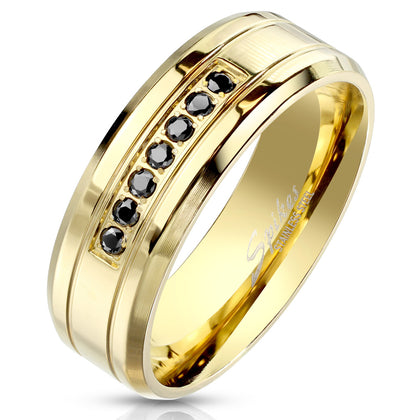 Stainless Steel Gold 7 Black CZ with Double Grooved Lines and Beveled Edges Ring