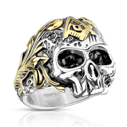 Stainless Steel Two Tone Skull with Masonic Emblem Ring