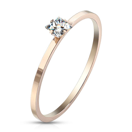 Stainless Steel Rose Gold Prong Set Square CZ on Plain Band Ring