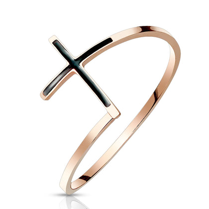 Stainless Steel Black Enamel Rose Gold Cross Ring