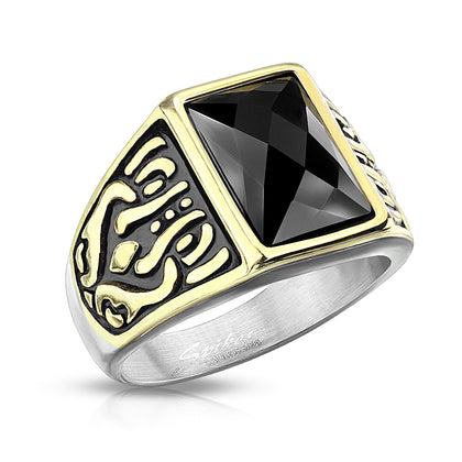 Stainless Steel Two Tone Rectangle Black Faceted Stone Ring