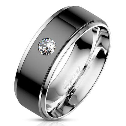 Bezel Set CZ on Black Center Stainless Steel Ring with Stepped Edges