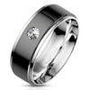 Bezel Set CZ on Black Center Stainless Steel Ring with Stepped Edges