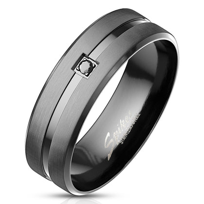 Stainless Steel Black CZ on Matte Black Center Ring