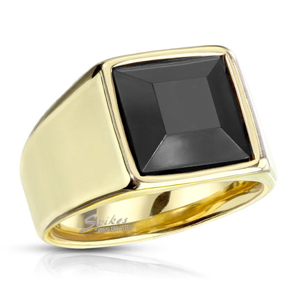 Stainless Steel Gold Faceted Square Onyx Stone Ring