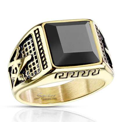 Stainless Steel Gold Faceted Square Onyx Stone with Masonic Emblem Sides Ring