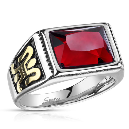 Stainless Steel Faceted Rectangular Red Stone with Gold Sides Ring