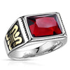 Stainless Steel Faceted Rectangular Red Stone with Gold Sides Ring
