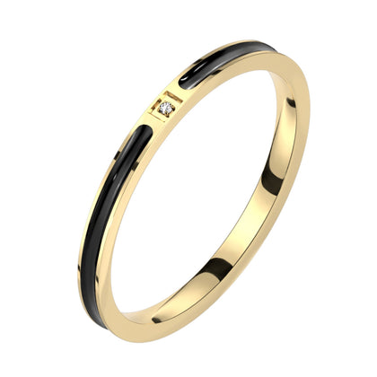 Stainless Steel CZ Center on Black Enamel Filled Center Gold Band Ring