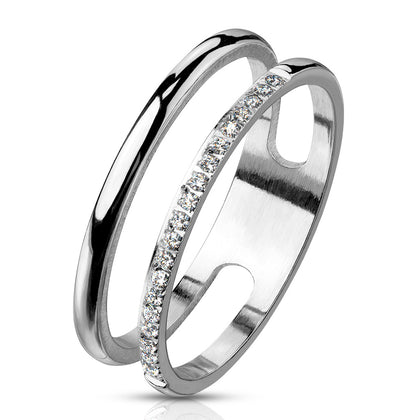 Stainless Steel CZ Paved Line Double Ring