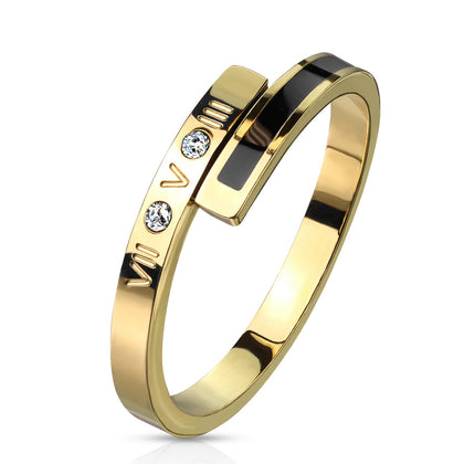 Stainless Steel Coiled Roman Numerals CZ Set Black Enamel Ends Gold Ring