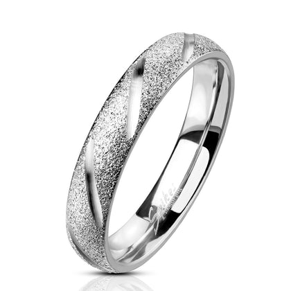 Stainless Steel Deep Diagonal Cuts Sand Blasted Sparkle Finish Dome Band Ring