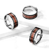 Stainless Steel Wood Inlaid Center with Black Lines Ring