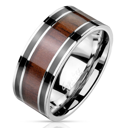 Stainless Steel Wood Inlaid Center with Black Lines Ring