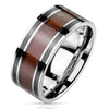 Stainless Steel Wood Inlaid Center with Black Lines Ring