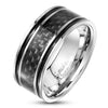 Stainless Steel Black Carbon Fiber Inlaid Center with Black Lines Ring