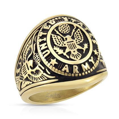 Stainless Steel Gold US Army Seal & Flag with Eagle Ring