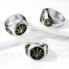 Stainless Steel Gold Weed Leaf on Black Circle Ring