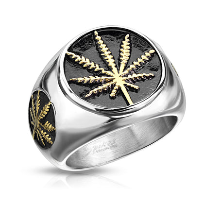 Stainless Steel Gold Weed Leaf on Black Circle Ring