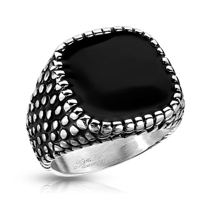 Stainless Steel Flat Black Square Dragon Skin Sides Ring