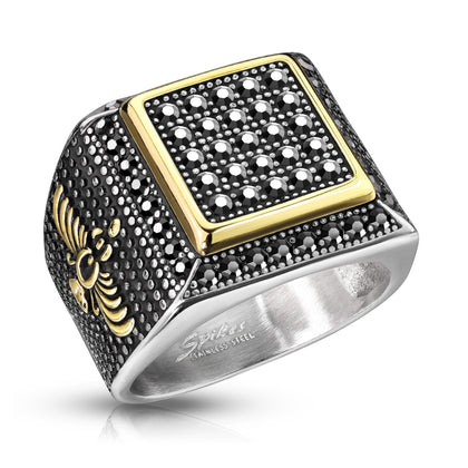 Stainless Steel Black CZ Paved Gold Square Ring