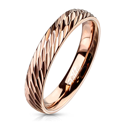 Stainless Steel Rose Gold Diagonal Deep Cuts Dome Band Ring