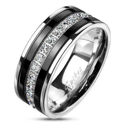 Stainless Steel Black CZ Lined Center Ring