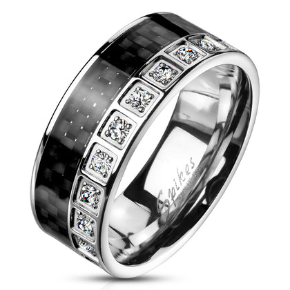 Stainless Steel CZ Around and Black Carbon Fiber Inlay Ring