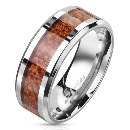 Stainless Steel Wood Inlay Center Beveled Edges Ring