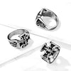 Stainless Steel Iron Cross And Fleur De Lis With Tribal Waves Ring