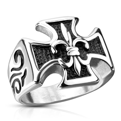 Stainless Steel Iron Cross And Fleur De Lis With Tribal Waves Ring