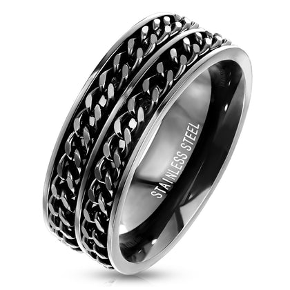 Stainless Steel Black Double Chain Spinner Ring