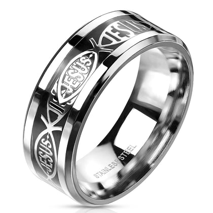 Stainless Steel Silver Jesus Fish on Black Center Ring