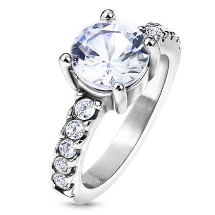 Stainless Steel Round Prong Set CZ with 10 CZ Paved Sides Ring