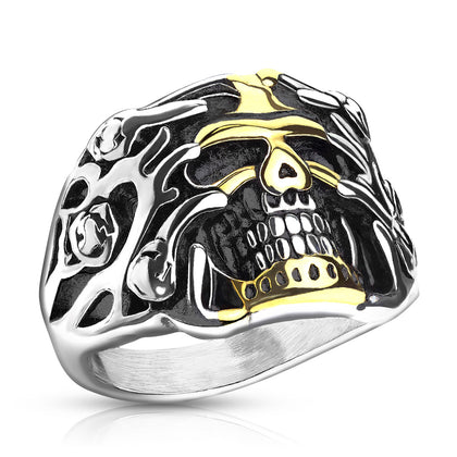Stainless Steel Gold Skull with Rose Vines Ring