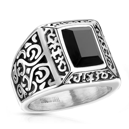 Stainless Steel Rectangular Black Gem Vintage Filigree Ring