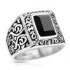 Stainless Steel Rectangular Black Gem Vintage Filigree Ring