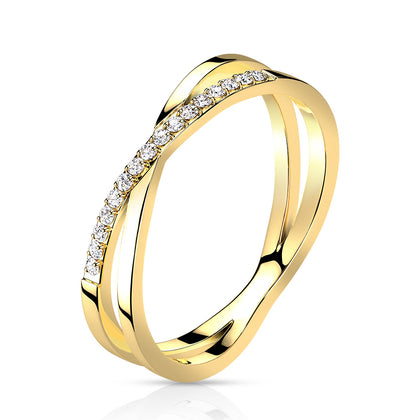 Stainless Steel Pave CZ Criss Cross X Gold Ring