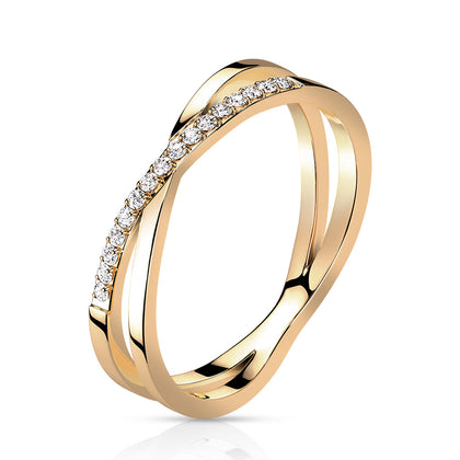 Stainless Steel Pave CZ Criss Cross X Rose Gold Ring