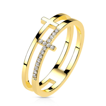 Stainless Steel Gold CZ Double Sideways Split Cross Ring