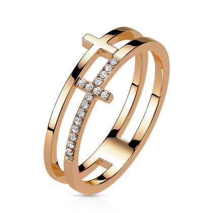 Stainless Steel Rose Gold CZ Double Sideways Split Cross Ring