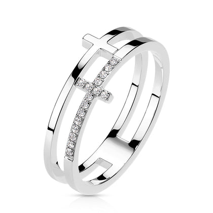 Stainless Steel CZ Double Sideways Split Cross Ring