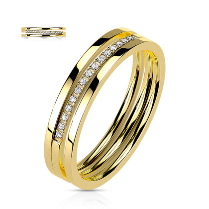 Stainless Steel Gold Triple Line Middle Pave CZ Slant Ring