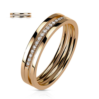 Stainless Steel Rose Gold Triple Line Middle Pave CZ Slant Ring