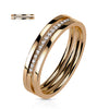 Stainless Steel Rose Gold Triple Line Middle Pave CZ Slant Ring
