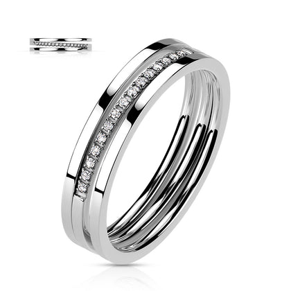 Stainless Steel Triple Line Middle CZ Pave Slant Ring