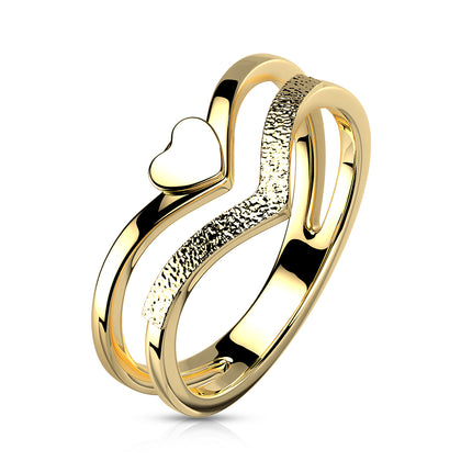 Gold heart double chevron stainless steel ring