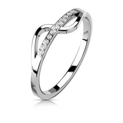 Stainless Steel Wave Pave CZ Strikethrough Ring