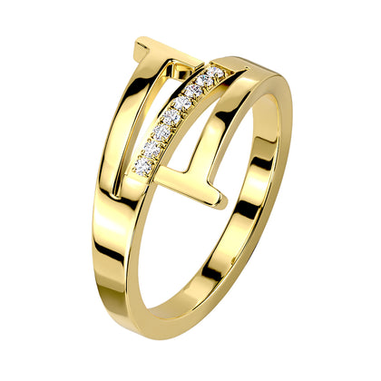 Stainless Steel Gold Triple Line With Center Pave CZ Ring